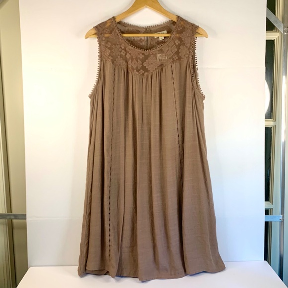 Mocha mousse gauze Sleeveless Embroidered lace yoke handkerchief hem boho dress - Picture 2 of 14